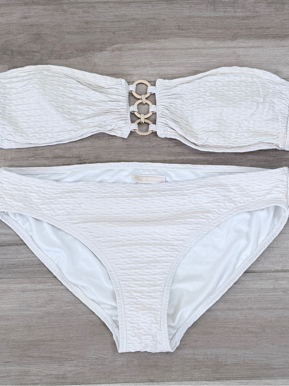 MICHAEL Michael Kors White Textured Bandeau Bikini with Gold Rings